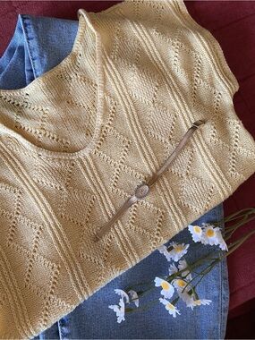 Vintage Butter Yellow Pointelle Sweater Tee | Made in USA